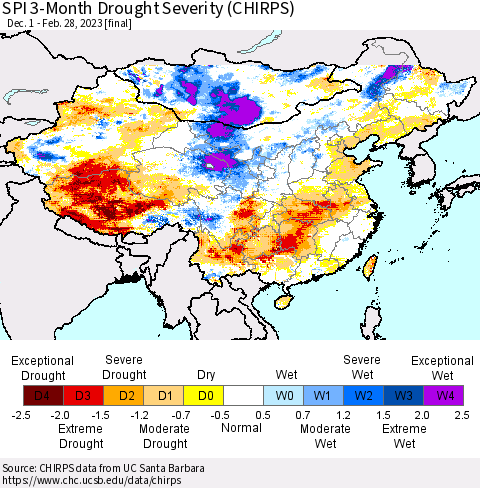 China, Mongolia and Taiwan SPI 3-Month Drought Severity (CHIRPS) Thematic Map For 12/1/2022 - 2/28/2023