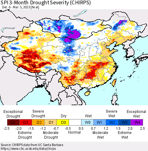 China, Mongolia and Taiwan SPI 3-Month Drought Severity (CHIRPS) Thematic Map For 12/6/2022 - 3/5/2023