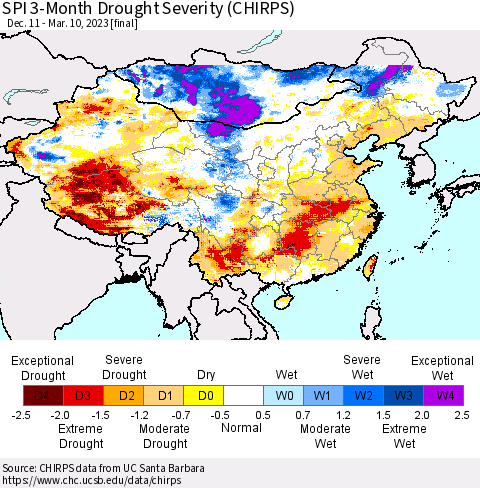 China, Mongolia and Taiwan SPI 3-Month Drought Severity (CHIRPS) Thematic Map For 12/11/2022 - 3/10/2023