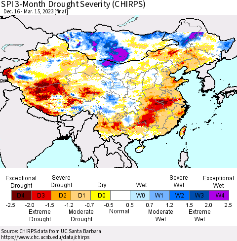 China, Mongolia and Taiwan SPI 3-Month Drought Severity (CHIRPS) Thematic Map For 12/16/2022 - 3/15/2023