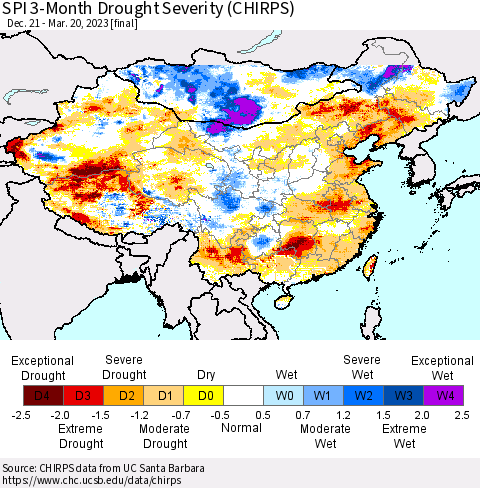 China, Mongolia and Taiwan SPI 3-Month Drought Severity (CHIRPS) Thematic Map For 12/21/2022 - 3/20/2023