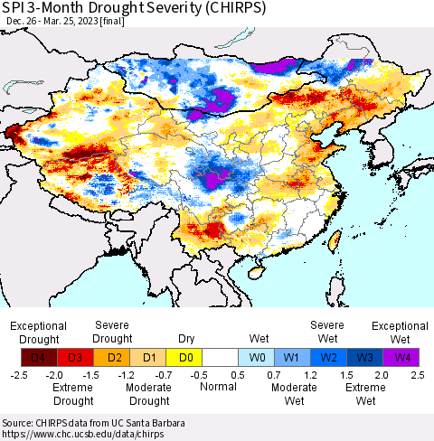 China, Mongolia and Taiwan SPI 3-Month Drought Severity (CHIRPS) Thematic Map For 12/26/2022 - 3/25/2023