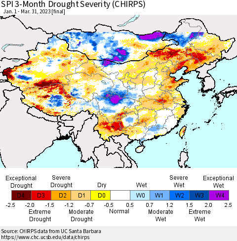 China, Mongolia and Taiwan SPI 3-Month Drought Severity (CHIRPS) Thematic Map For 1/1/2023 - 3/31/2023