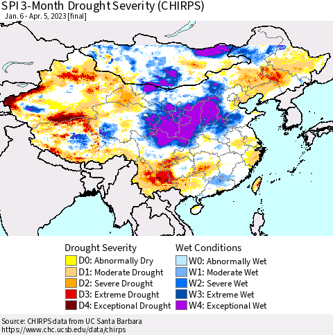 China, Mongolia and Taiwan SPI 3-Month Drought Severity (CHIRPS) Thematic Map For 1/6/2023 - 4/5/2023