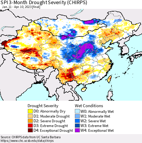 China, Mongolia and Taiwan SPI 3-Month Drought Severity (CHIRPS) Thematic Map For 1/11/2023 - 4/10/2023