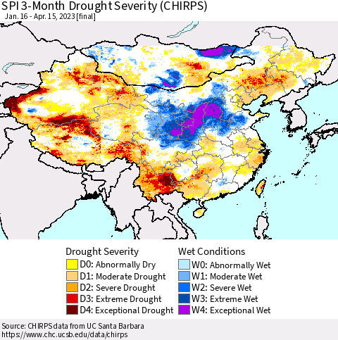 China, Mongolia and Taiwan SPI 3-Month Drought Severity (CHIRPS) Thematic Map For 1/16/2023 - 4/15/2023