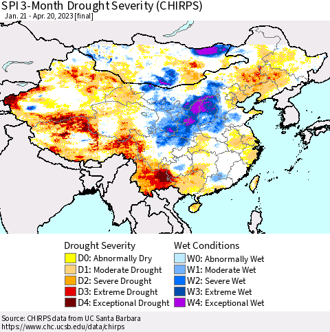 China, Mongolia and Taiwan SPI 3-Month Drought Severity (CHIRPS) Thematic Map For 1/21/2023 - 4/20/2023