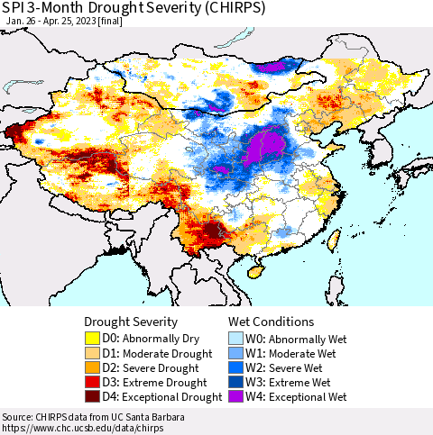 China, Mongolia and Taiwan SPI 3-Month Drought Severity (CHIRPS) Thematic Map For 1/26/2023 - 4/25/2023