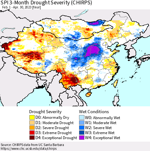 China, Mongolia and Taiwan SPI 3-Month Drought Severity (CHIRPS) Thematic Map For 2/1/2023 - 4/30/2023