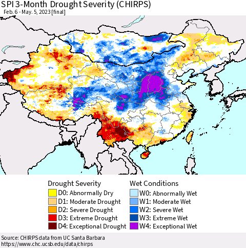 China, Mongolia and Taiwan SPI 3-Month Drought Severity (CHIRPS) Thematic Map For 2/6/2023 - 5/5/2023