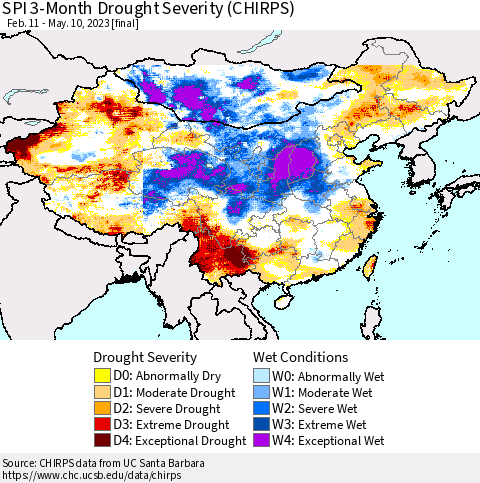 China, Mongolia and Taiwan SPI 3-Month Drought Severity (CHIRPS) Thematic Map For 2/11/2023 - 5/10/2023