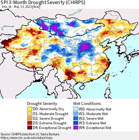 China, Mongolia and Taiwan SPI 3-Month Drought Severity (CHIRPS) Thematic Map For 2/16/2023 - 5/15/2023