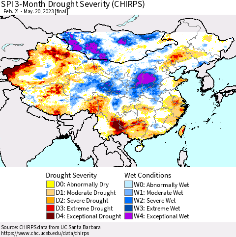 China, Mongolia and Taiwan SPI 3-Month Drought Severity (CHIRPS) Thematic Map For 2/21/2023 - 5/20/2023