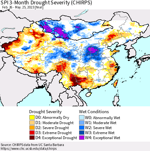 China, Mongolia and Taiwan SPI 3-Month Drought Severity (CHIRPS) Thematic Map For 2/26/2023 - 5/25/2023