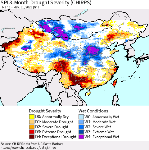 China, Mongolia and Taiwan SPI 3-Month Drought Severity (CHIRPS) Thematic Map For 3/1/2023 - 5/31/2023