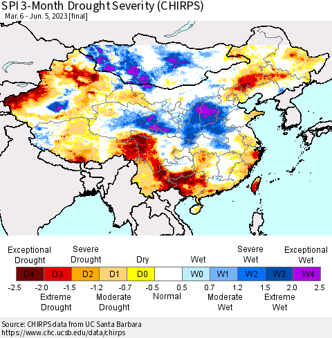 China, Mongolia and Taiwan SPI 3-Month Drought Severity (CHIRPS) Thematic Map For 3/6/2023 - 6/5/2023