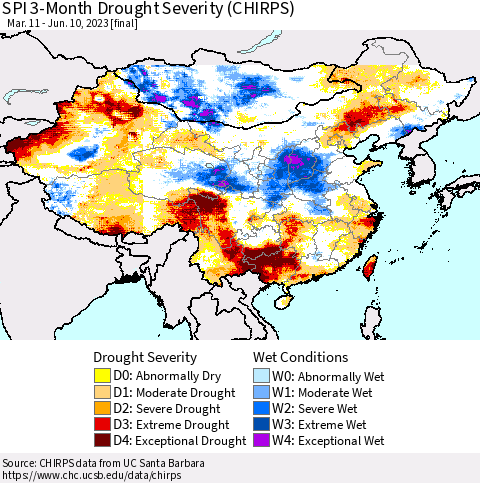 China, Mongolia and Taiwan SPI 3-Month Drought Severity (CHIRPS) Thematic Map For 3/11/2023 - 6/10/2023
