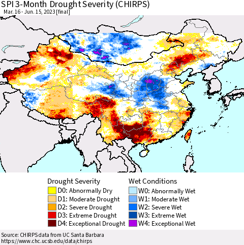 China, Mongolia and Taiwan SPI 3-Month Drought Severity (CHIRPS) Thematic Map For 3/16/2023 - 6/15/2023