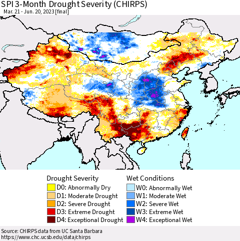 China, Mongolia and Taiwan SPI 3-Month Drought Severity (CHIRPS) Thematic Map For 3/21/2023 - 6/20/2023
