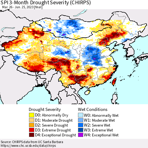 China, Mongolia and Taiwan SPI 3-Month Drought Severity (CHIRPS) Thematic Map For 3/26/2023 - 6/25/2023