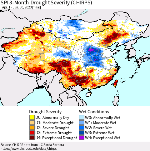 China, Mongolia and Taiwan SPI 3-Month Drought Severity (CHIRPS) Thematic Map For 4/1/2023 - 6/30/2023