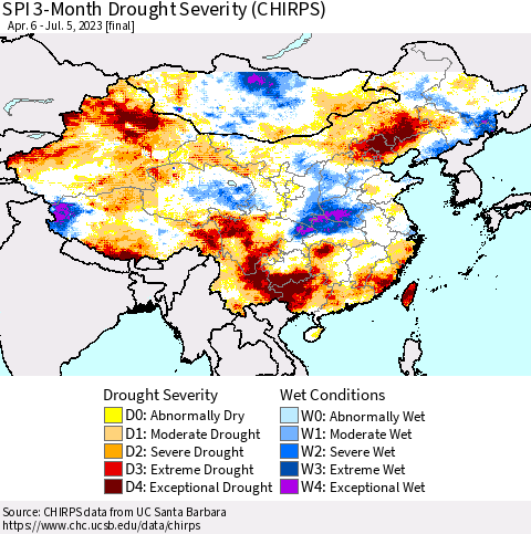 China, Mongolia and Taiwan SPI 3-Month Drought Severity (CHIRPS) Thematic Map For 4/6/2023 - 7/5/2023