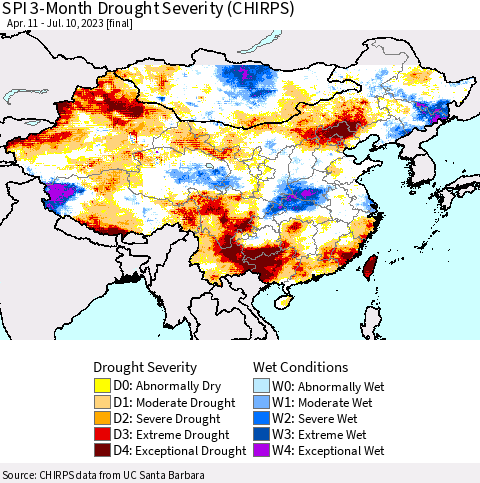 China, Mongolia and Taiwan SPI 3-Month Drought Severity (CHIRPS) Thematic Map For 4/11/2023 - 7/10/2023