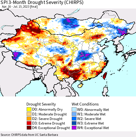 China, Mongolia and Taiwan SPI 3-Month Drought Severity (CHIRPS) Thematic Map For 4/16/2023 - 7/15/2023