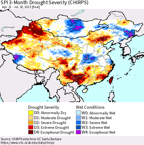China, Mongolia and Taiwan SPI 3-Month Drought Severity (CHIRPS) Thematic Map For 4/21/2023 - 7/20/2023