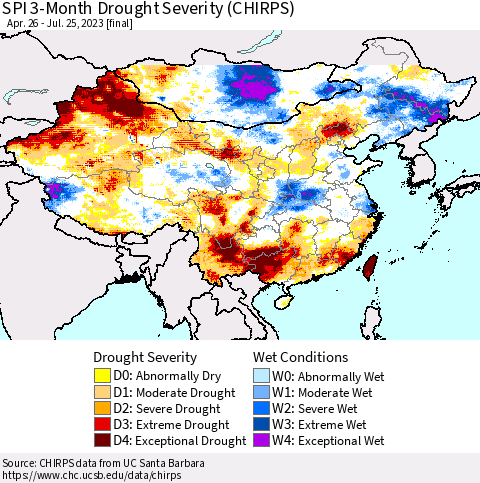 China, Mongolia and Taiwan SPI 3-Month Drought Severity (CHIRPS) Thematic Map For 4/26/2023 - 7/25/2023