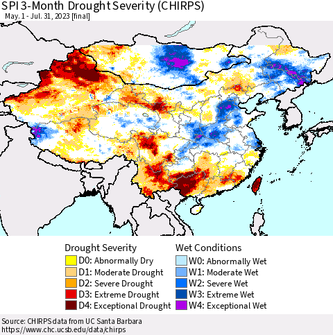 China, Mongolia and Taiwan SPI 3-Month Drought Severity (CHIRPS) Thematic Map For 5/1/2023 - 7/31/2023