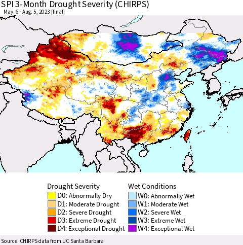 China, Mongolia and Taiwan SPI 3-Month Drought Severity (CHIRPS) Thematic Map For 5/6/2023 - 8/5/2023