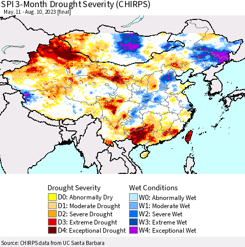 China, Mongolia and Taiwan SPI 3-Month Drought Severity (CHIRPS) Thematic Map For 5/11/2023 - 8/10/2023