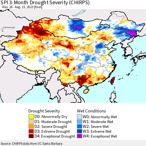 China, Mongolia and Taiwan SPI 3-Month Drought Severity (CHIRPS) Thematic Map For 5/16/2023 - 8/15/2023