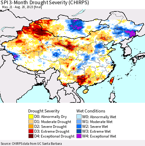 China, Mongolia and Taiwan SPI 3-Month Drought Severity (CHIRPS) Thematic Map For 5/21/2023 - 8/20/2023