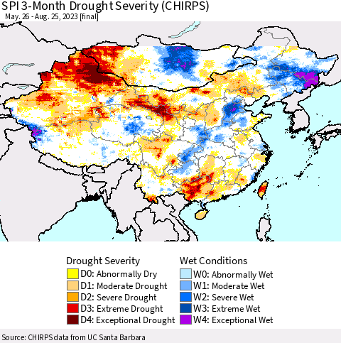 China, Mongolia and Taiwan SPI 3-Month Drought Severity (CHIRPS) Thematic Map For 5/26/2023 - 8/25/2023