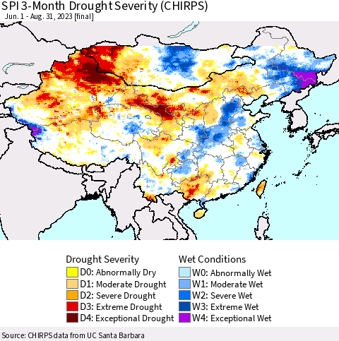 China, Mongolia and Taiwan SPI 3-Month Drought Severity (CHIRPS) Thematic Map For 6/1/2023 - 8/31/2023
