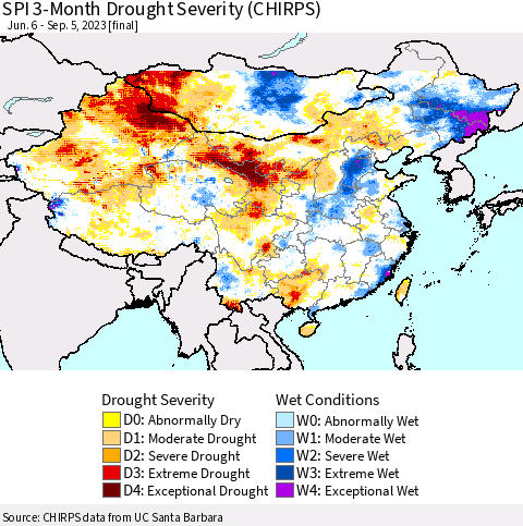 China, Mongolia and Taiwan SPI 3-Month Drought Severity (CHIRPS) Thematic Map For 6/6/2023 - 9/5/2023