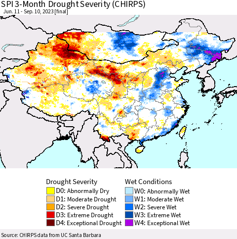 China, Mongolia and Taiwan SPI 3-Month Drought Severity (CHIRPS) Thematic Map For 6/11/2023 - 9/10/2023