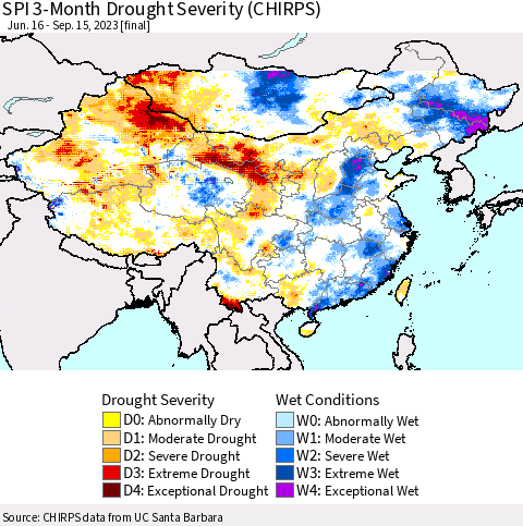 China, Mongolia and Taiwan SPI 3-Month Drought Severity (CHIRPS) Thematic Map For 6/16/2023 - 9/15/2023