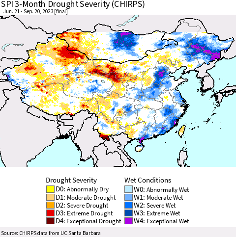 China, Mongolia and Taiwan SPI 3-Month Drought Severity (CHIRPS) Thematic Map For 6/21/2023 - 9/20/2023