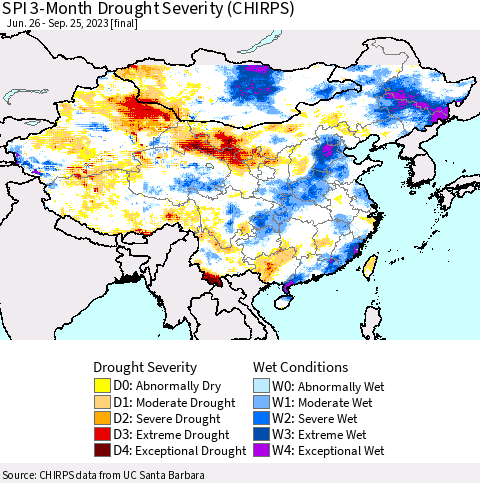 China, Mongolia and Taiwan SPI 3-Month Drought Severity (CHIRPS) Thematic Map For 6/26/2023 - 9/25/2023