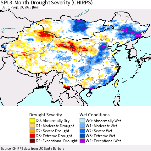 China, Mongolia and Taiwan SPI 3-Month Drought Severity (CHIRPS) Thematic Map For 7/1/2023 - 9/30/2023