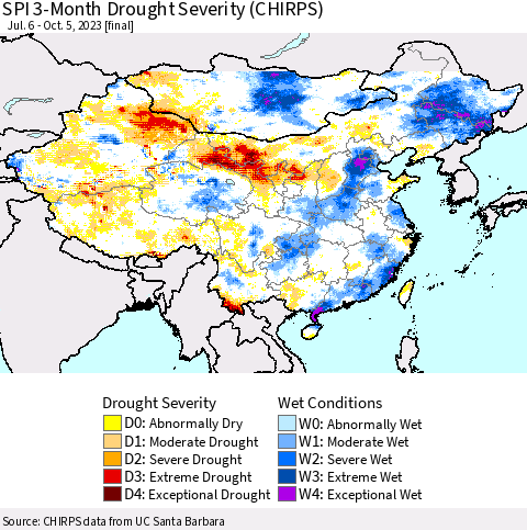 China, Mongolia and Taiwan SPI 3-Month Drought Severity (CHIRPS) Thematic Map For 7/6/2023 - 10/5/2023