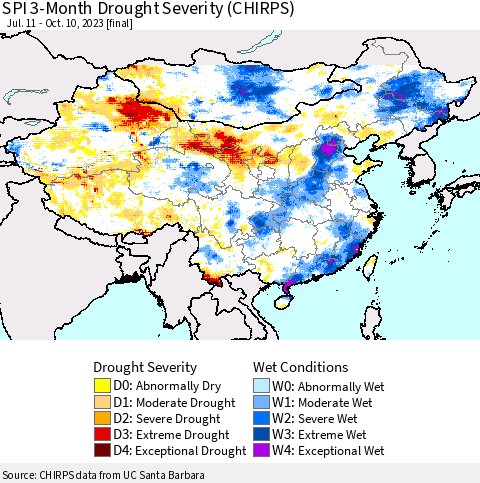 China, Mongolia and Taiwan SPI 3-Month Drought Severity (CHIRPS) Thematic Map For 7/11/2023 - 10/10/2023