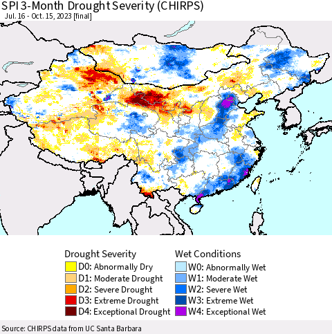 China, Mongolia and Taiwan SPI 3-Month Drought Severity (CHIRPS) Thematic Map For 7/16/2023 - 10/15/2023