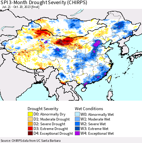 China, Mongolia and Taiwan SPI 3-Month Drought Severity (CHIRPS) Thematic Map For 7/21/2023 - 10/20/2023
