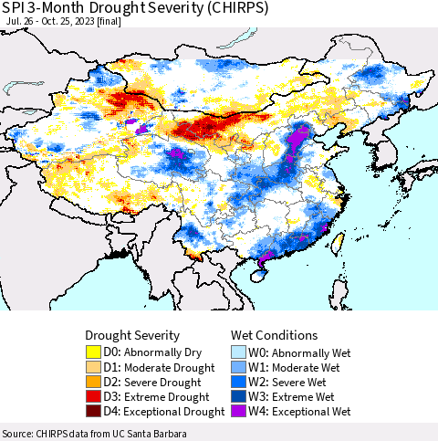 China, Mongolia and Taiwan SPI 3-Month Drought Severity (CHIRPS) Thematic Map For 7/26/2023 - 10/25/2023
