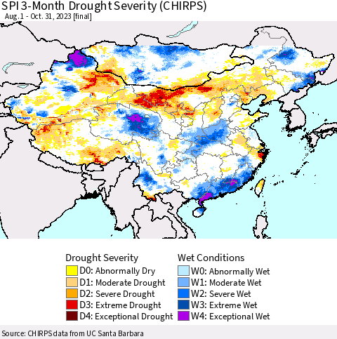China, Mongolia and Taiwan SPI 3-Month Drought Severity (CHIRPS) Thematic Map For 8/1/2023 - 10/31/2023