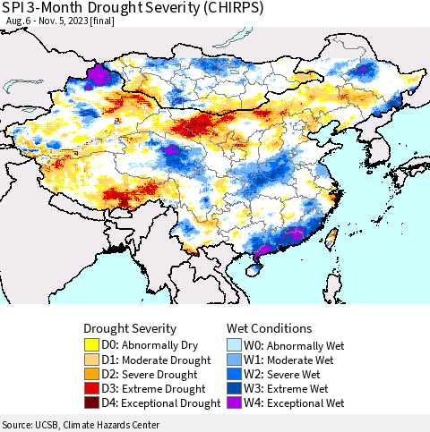 China, Mongolia and Taiwan SPI 3-Month Drought Severity (CHIRPS) Thematic Map For 8/6/2023 - 11/5/2023